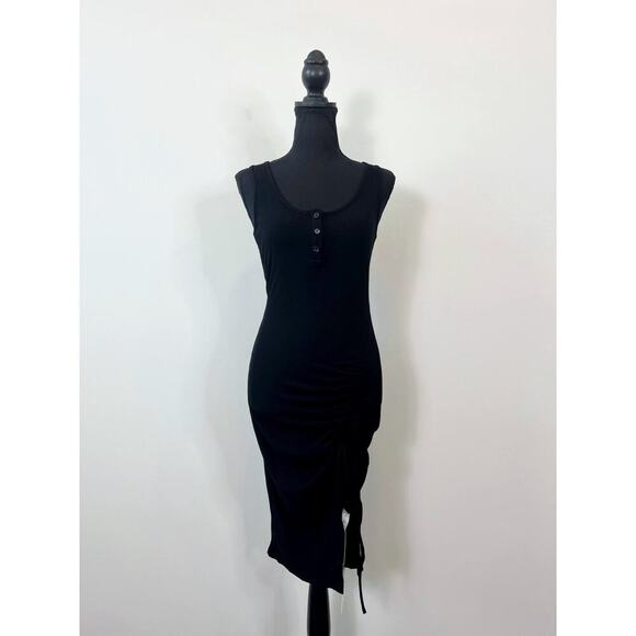 Halara U Neck Bodycon Midi Dress in Black Size XS Sleeveless Ruched Knit Ribbed - Picture 2 of 5